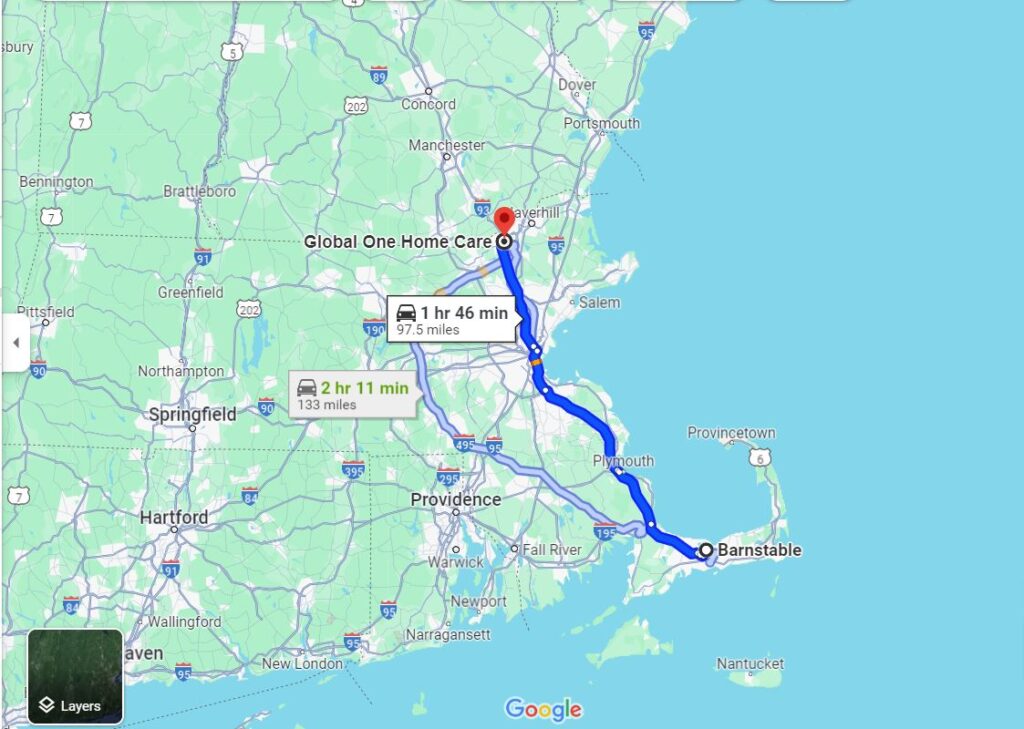 Directions from Barnstable to Methuen Ma for Global One Home Care
