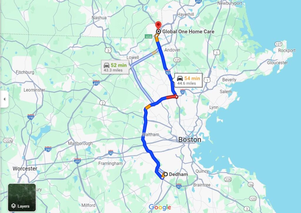 Directions from Dedham to Methuen Ma with Global One Home Care