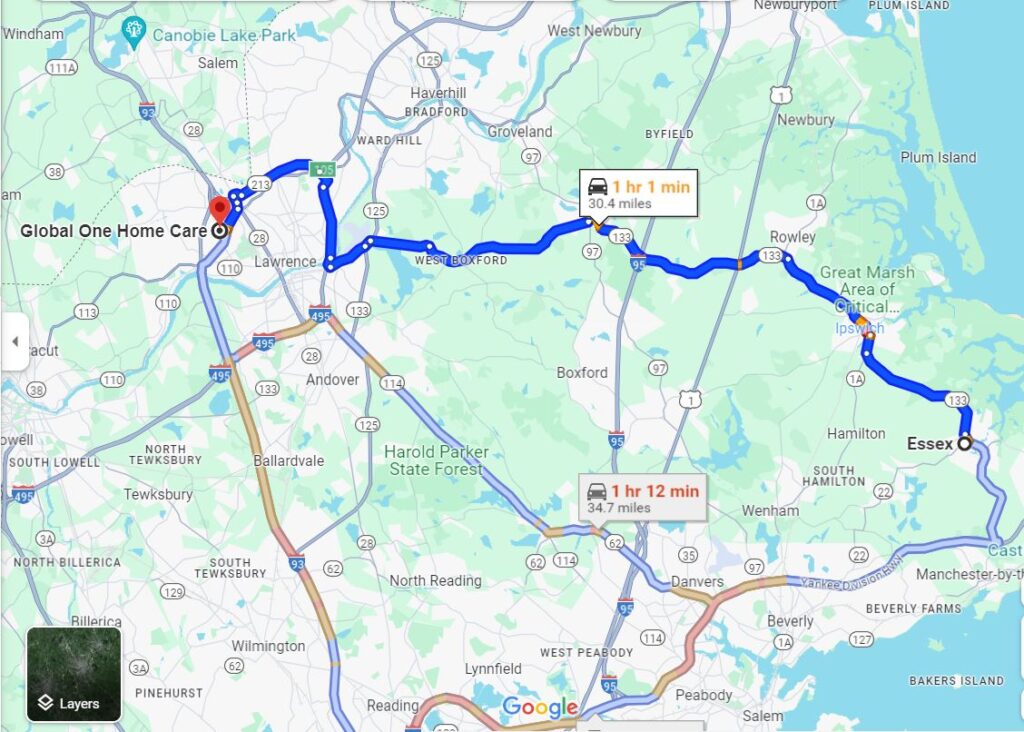 Google map with Directions from Essex Ma to Methuen with Global One Home Care