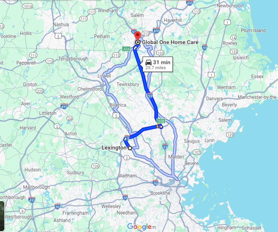 Directions from Lexington Ma to Global One Home Care