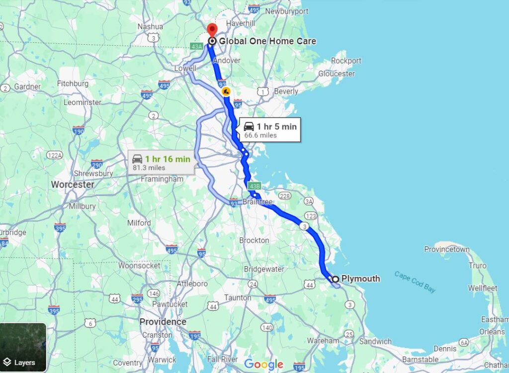 Directions from Plymouth Ma to Methuen to find global one home care services