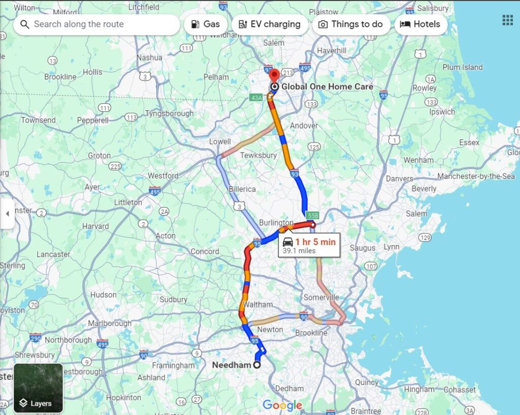 Directions from Needham to Methuen Ma with global One Home Care
