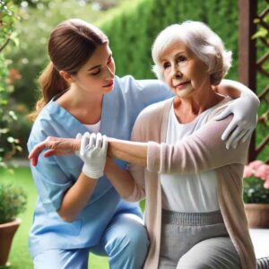 A professional caregiver helping an elderly woman with her daily exercise routine in a garden.