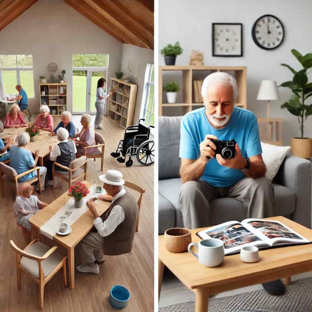 Comparing assisted living and home care side-by-side. On one side, an elderly person is engaging in a group activity