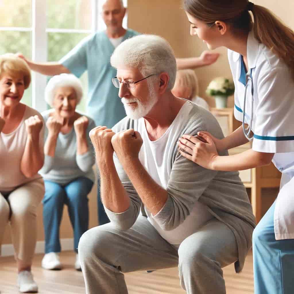Elderly person engaging in a group exercise activity in an assisted living facility. The scene includes other seniors pa
