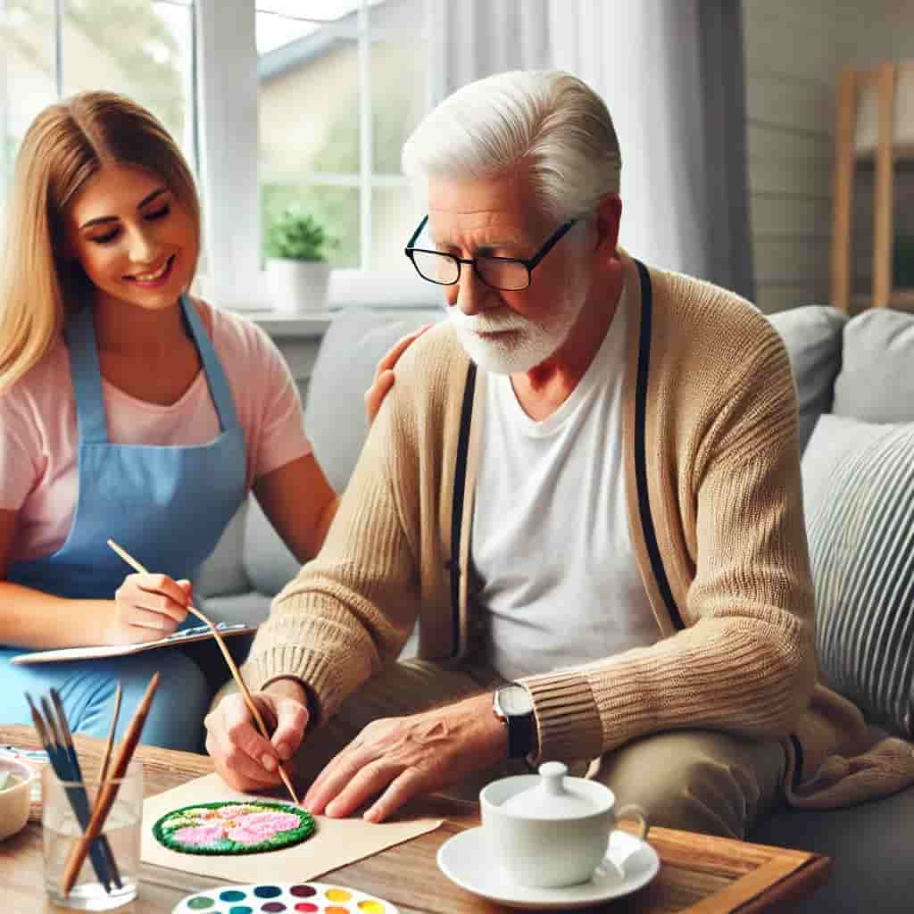 Elderly person engaging in a personal hobby at home with home care. The scene includes a caregiver helping with hou