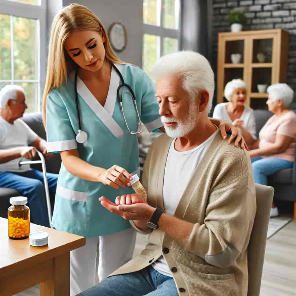 Elderly person receiving assistance with daily activities in an assisted living facility. The scene includes a caregiver