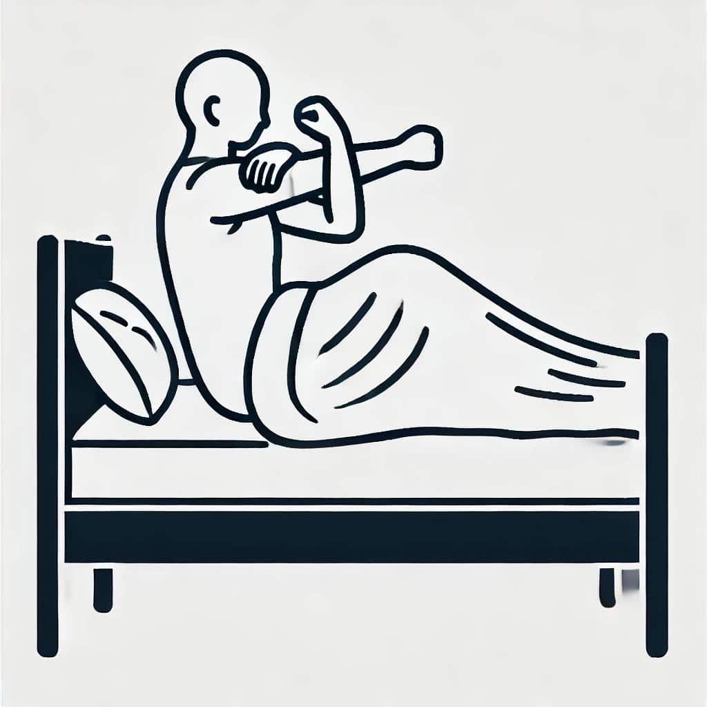 Illustration of an elderly person in bed doing elbow flexions exercise. The elderly person is lying on their back with arms at their sides