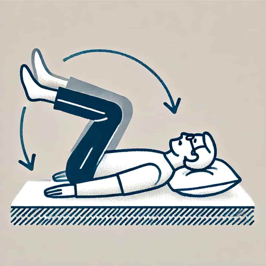 Illustration of an elderly person in bed doing pelvic tilts exercise. The elderly person is lying on their back with knees bent