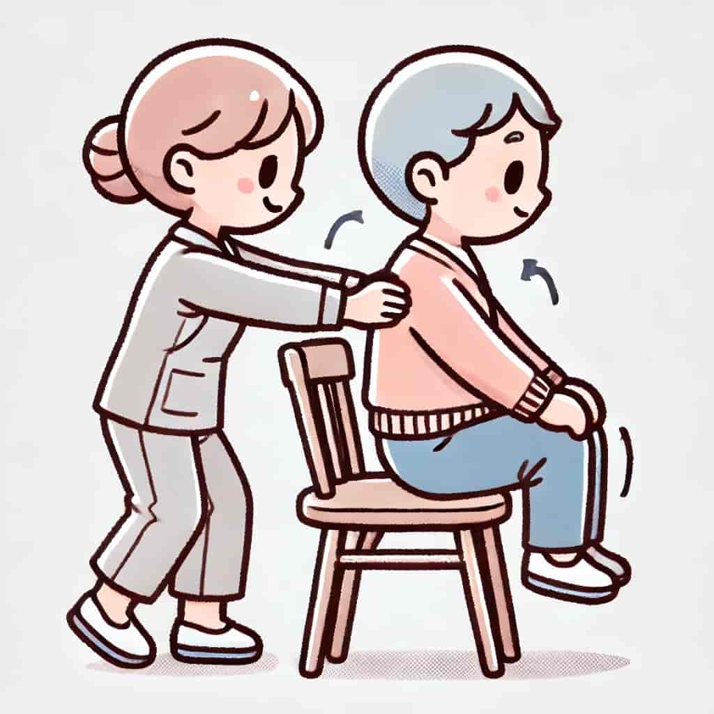 Illustration showing a senior doing sit-to-stand exercises with the help of a caregiver