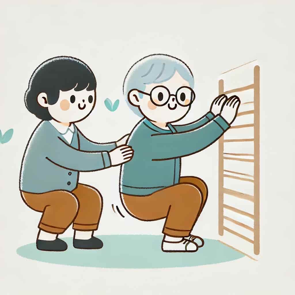 Illustration showing a senior doing wall squats with the help of a caregiver