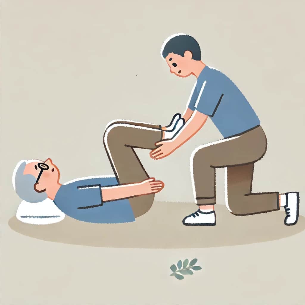 Ilustration showing a senior doing bridging exercises with the help of a caregiver. The senior is lying on their back