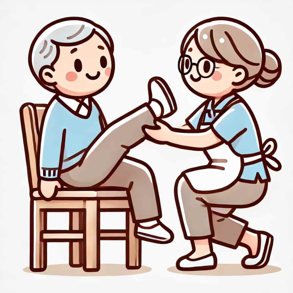 illustration showing a senior doing seated leg lifts with the help of a caregiver.