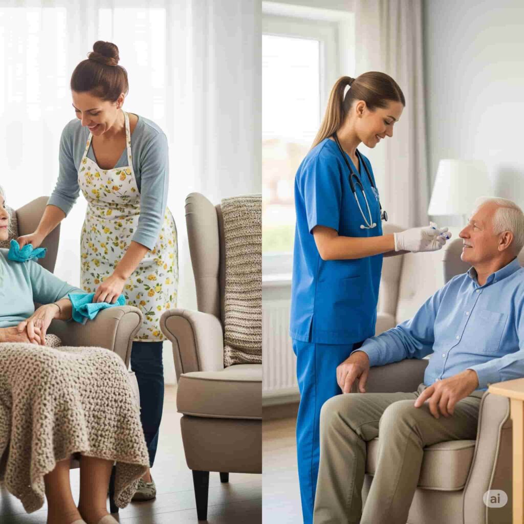 Two puzzle pieces comparing caregiver to a home health aide or cna