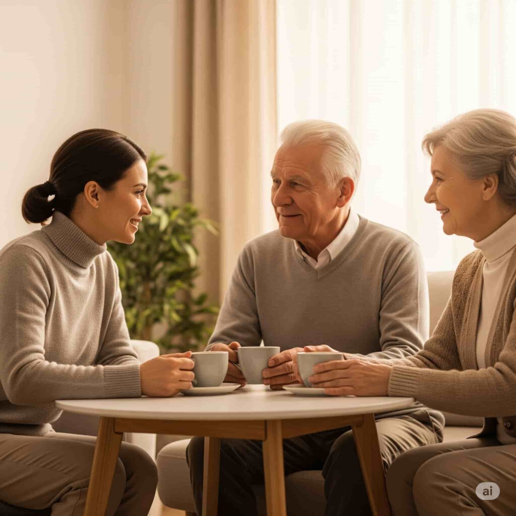Young adult asking questions to aging parents about end-of-life care