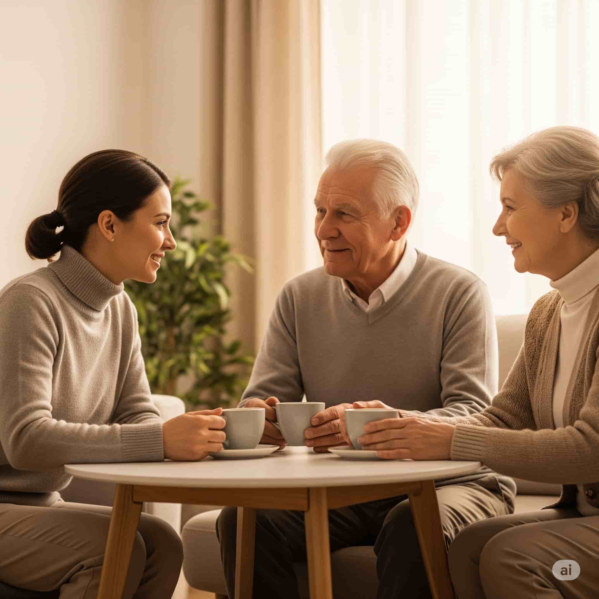 Young adult asking questions to aging parents about end-of-life care