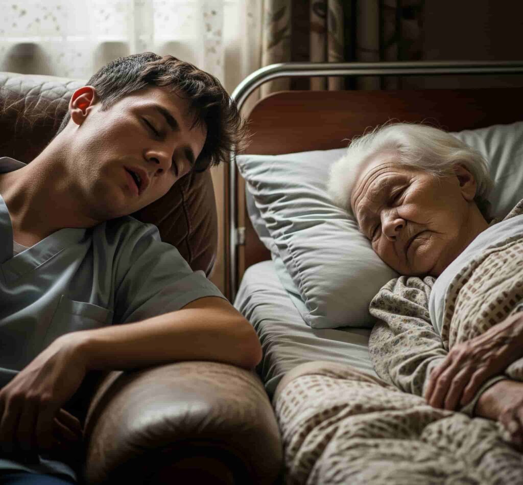 senior receiving in home dementia care from a young male caregiver