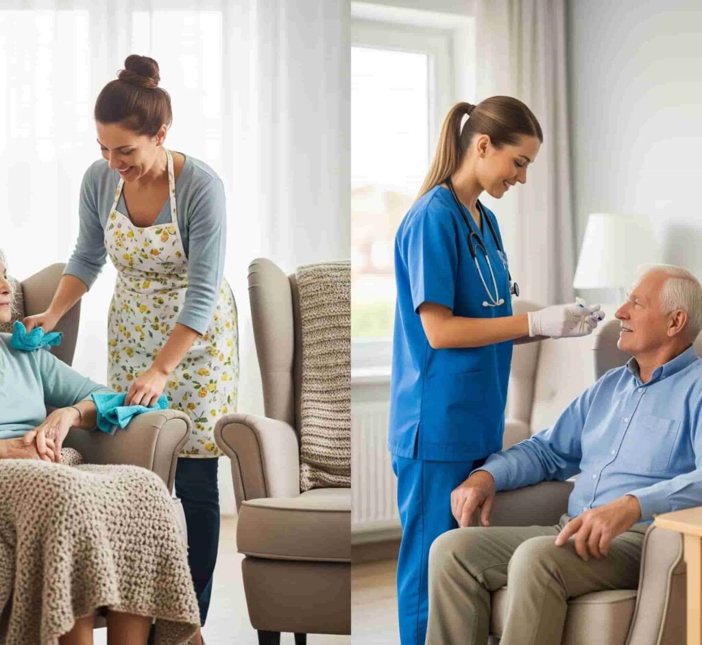 Image comparing a professional non-medical caregiver and a home health aide or certified nursing assistant (CNA)