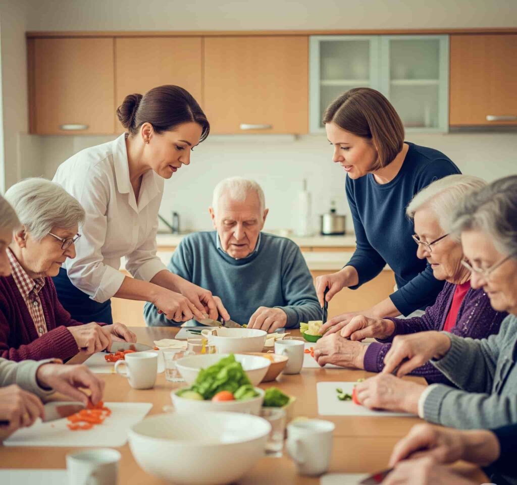 Group of seniors with dementia learning how to cook