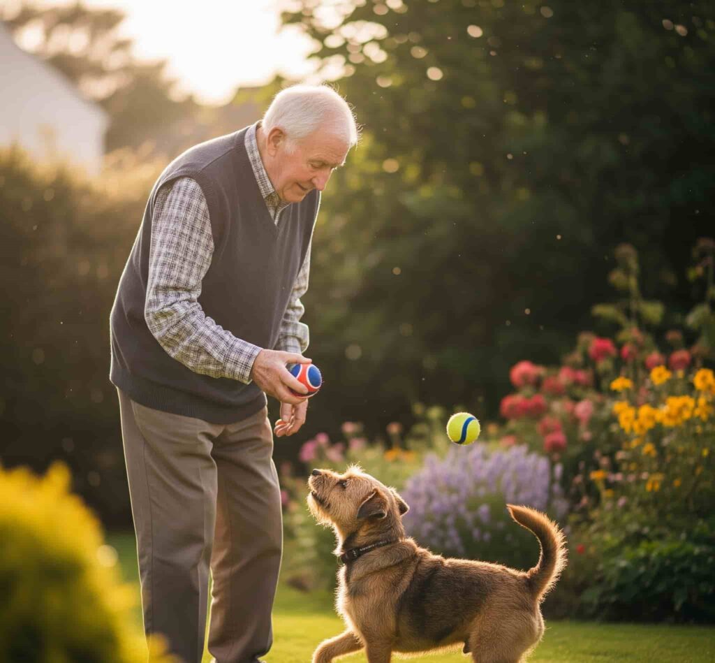 senior with dementia playing with a pet dog as animal assisted therapy