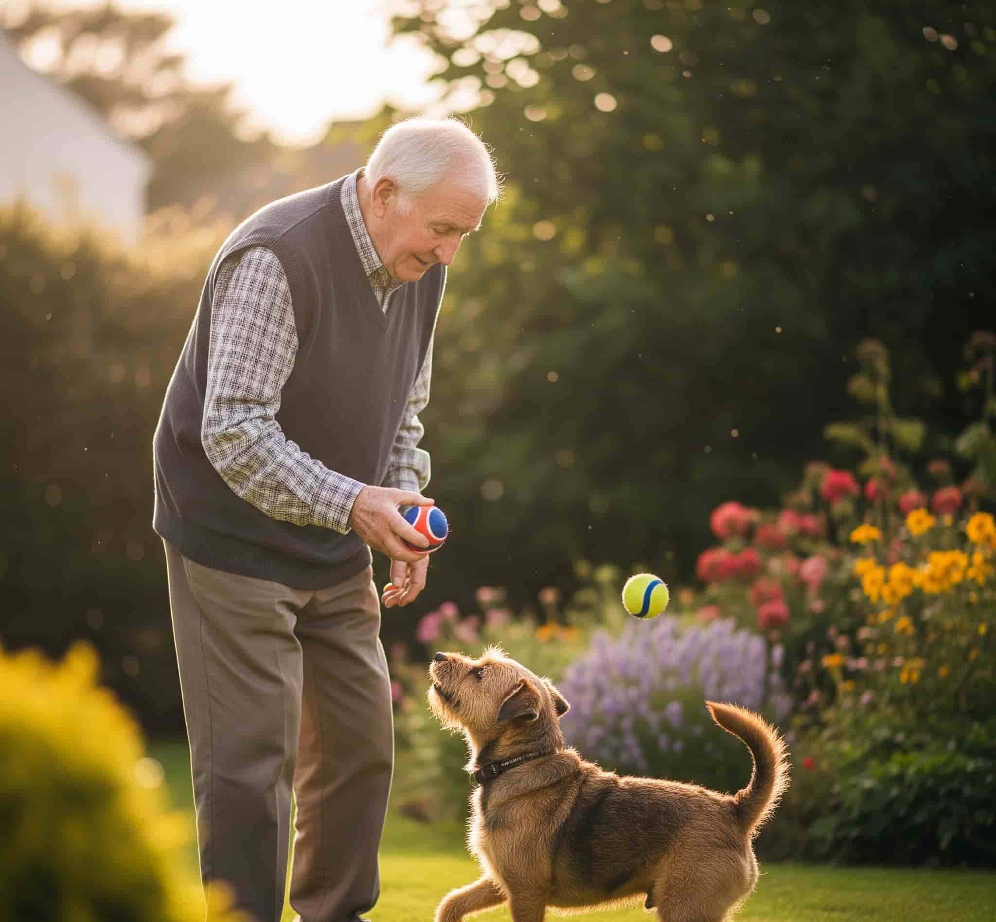 senior with dementia playing with a pet dog as animal assisted therapy