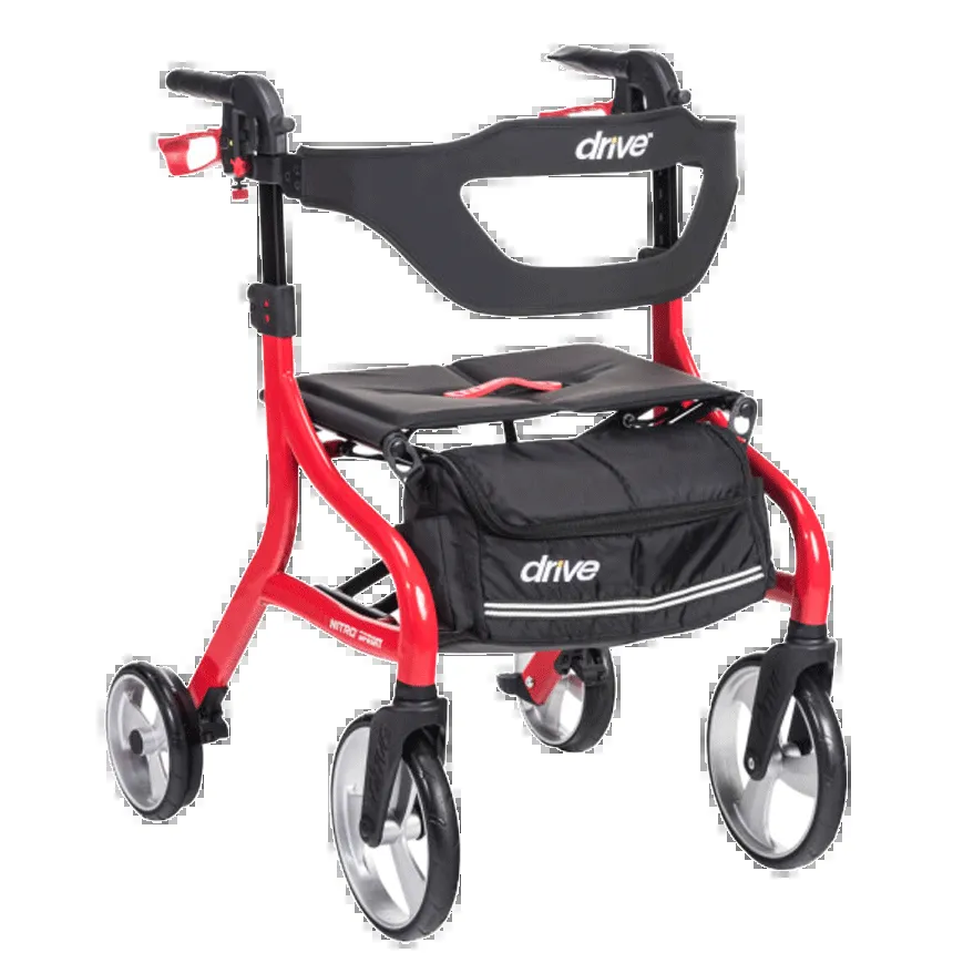 A four-wheeled rollator walker (Drive Medical Nitro), featuring large wheels, hand brakes, a seat, and storage pouch.