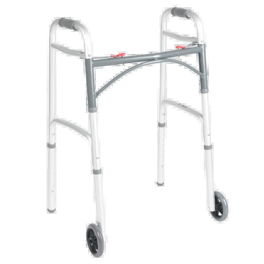 A standard two-wheeled walker with an aluminum frame and front wheels.