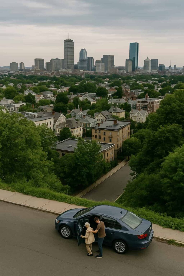 View of the city of Boston with a driver helping a senior out of a car